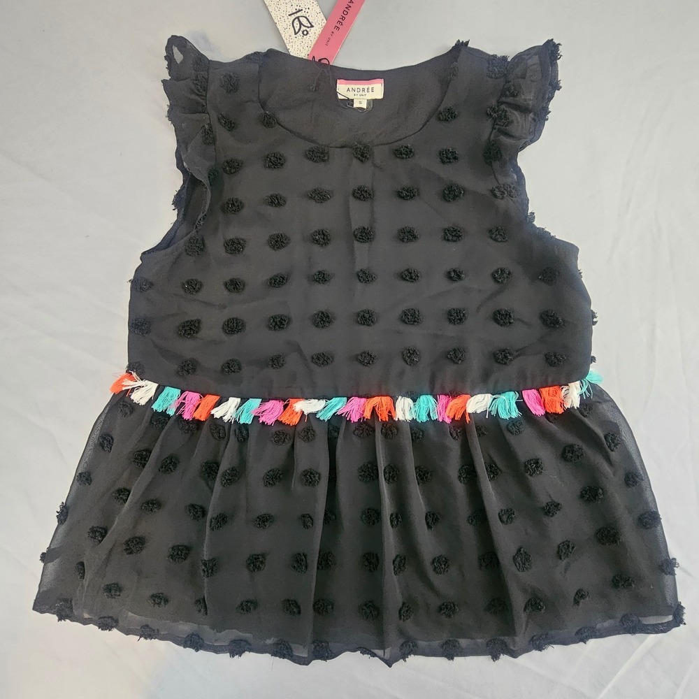Andree by Unit Small Black Pom Pom Tassel Flutter Sleeveless Shirt Top NWT L710‎